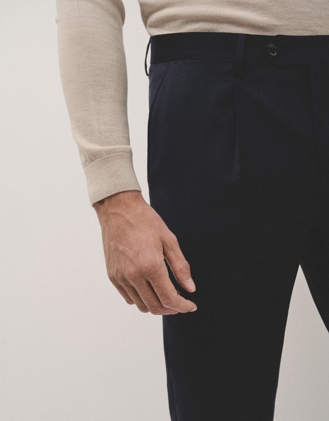 Navy blue dress trousers with turn-up hem