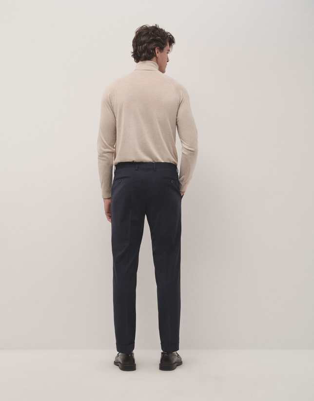 Navy blue dress trousers with turn-up hem