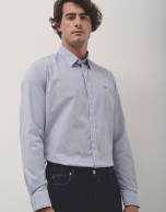 White regular fit sport shirt with blue leaf print