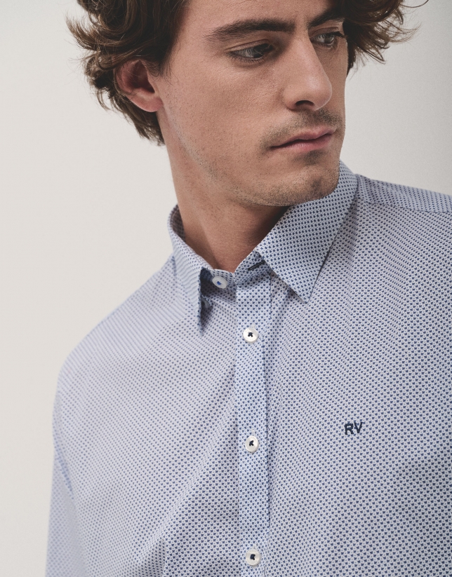 White regular fit sport shirt with blue leaf print