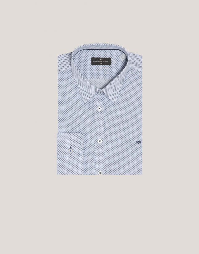 White regular fit sport shirt with blue leaf print