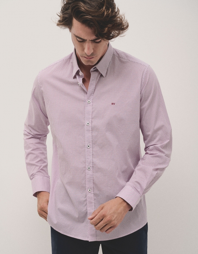 White regular fit sport shirt with blue and plum leaf print