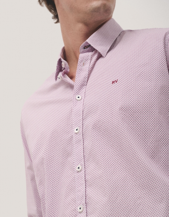 White regular fit sport shirt with blue and plum leaf print