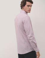 White regular fit sport shirt with blue and plum leaf print