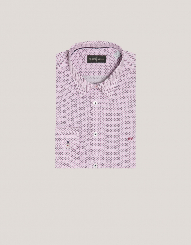 White regular fit sport shirt with blue and plum leaf print