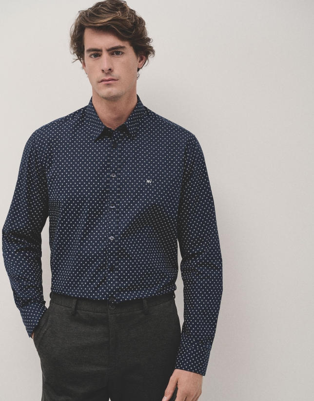 Navy blue regular fit sport shirt with white floral print