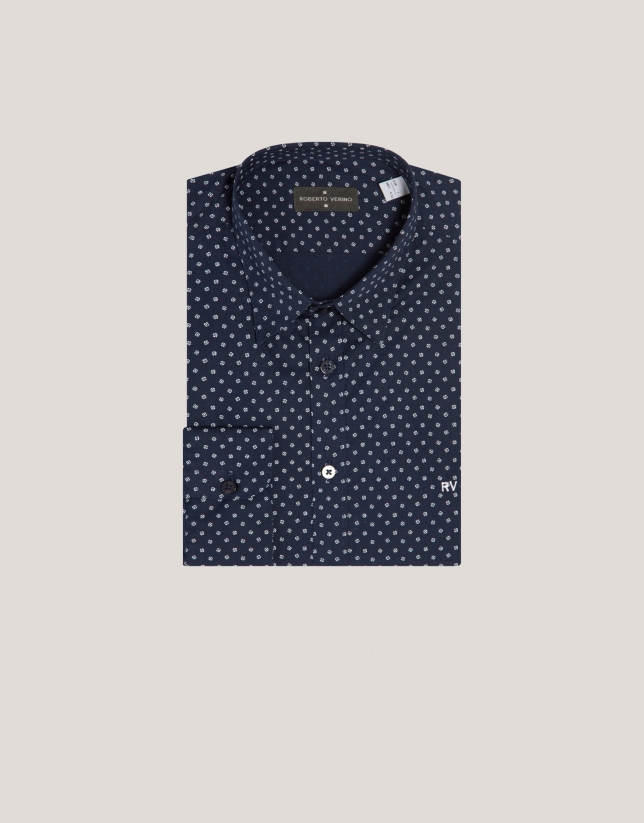 Navy blue regular fit sport shirt with white floral print