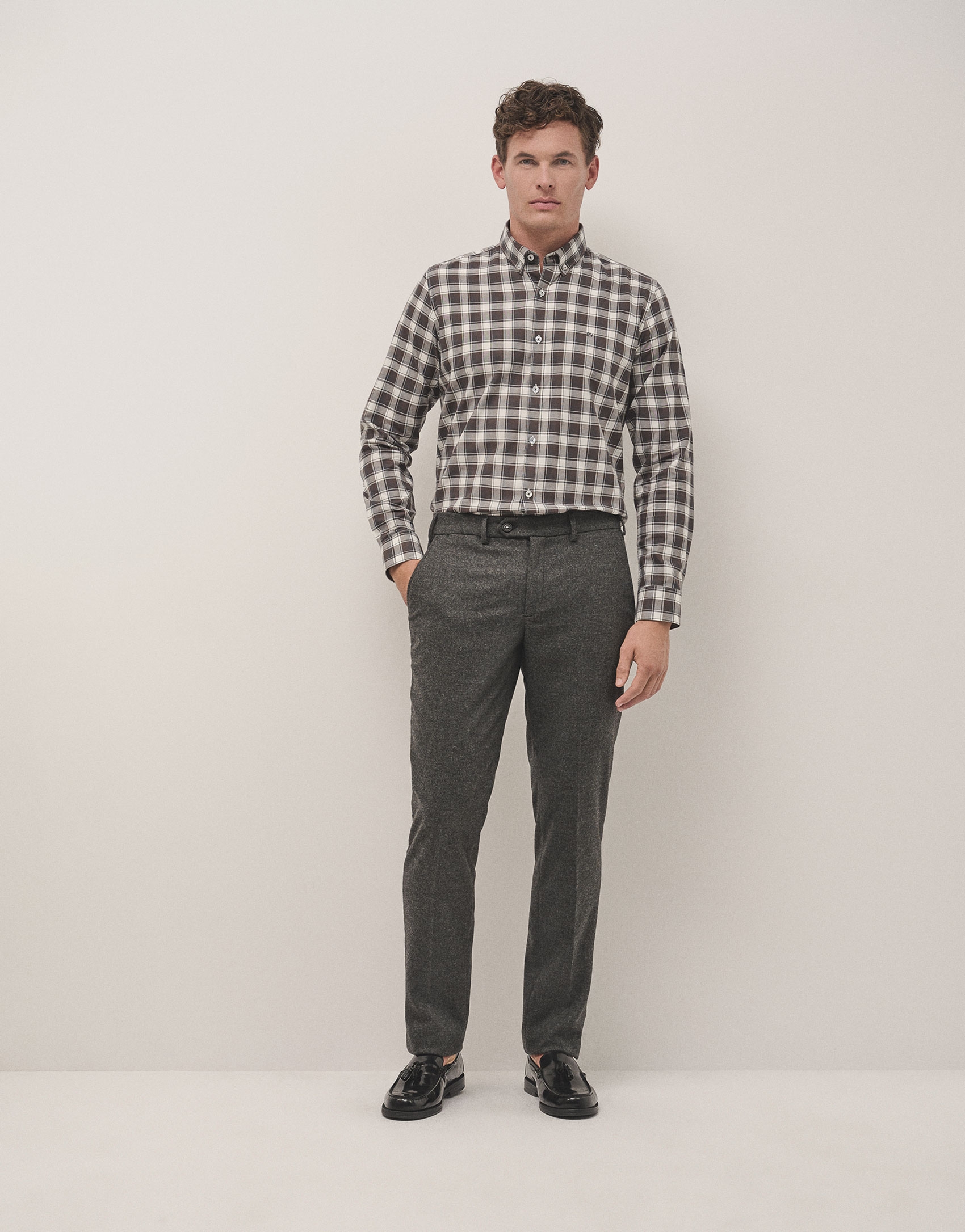 Black, white and brown checked sport shirt