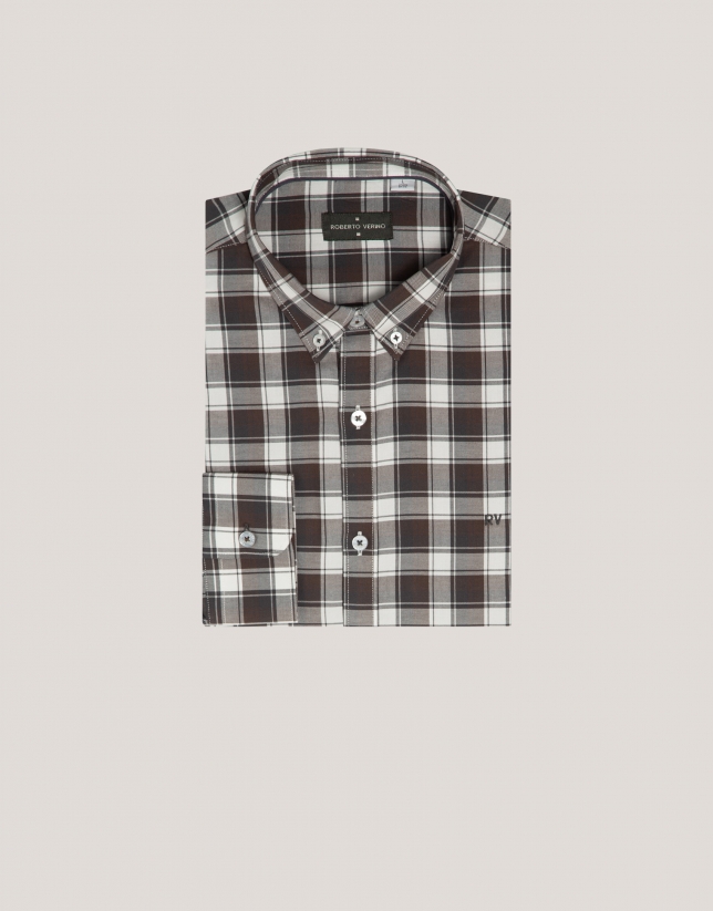 Camisa sport regular cuadros negro, blanco y marrón