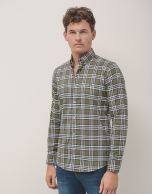 White, blue and caqui checked sport shirt