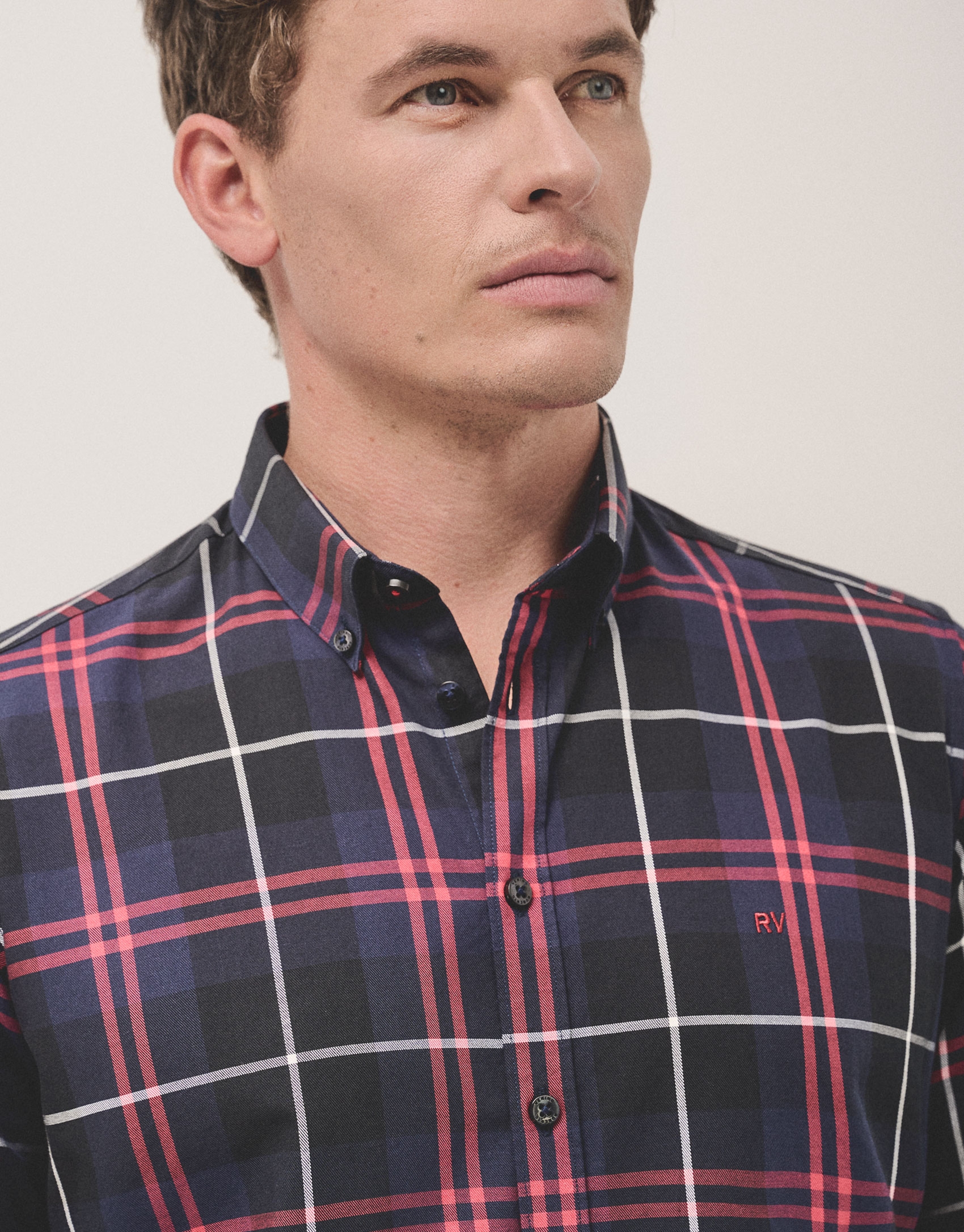 White, red and navy checked sport shirt