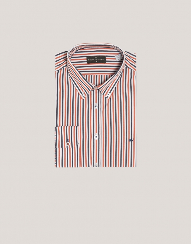 Navy blue and orange striped sport shirt