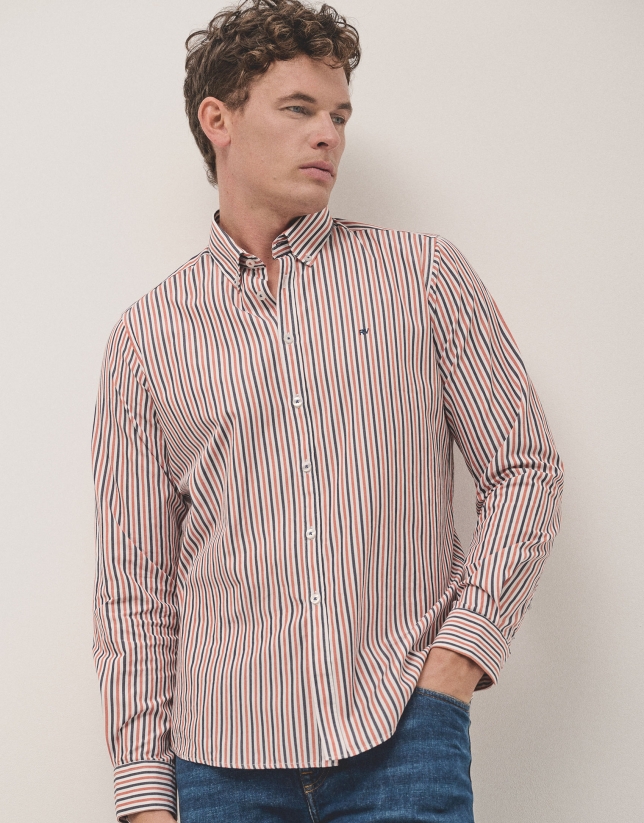 Navy blue and orange striped sport shirt