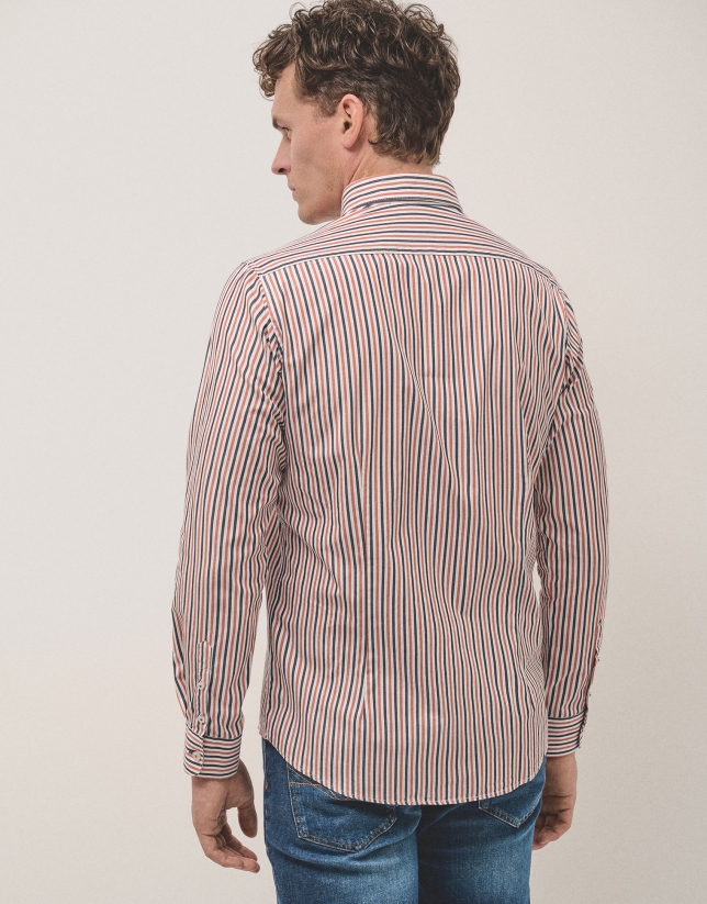 Navy blue and orange striped sport shirt