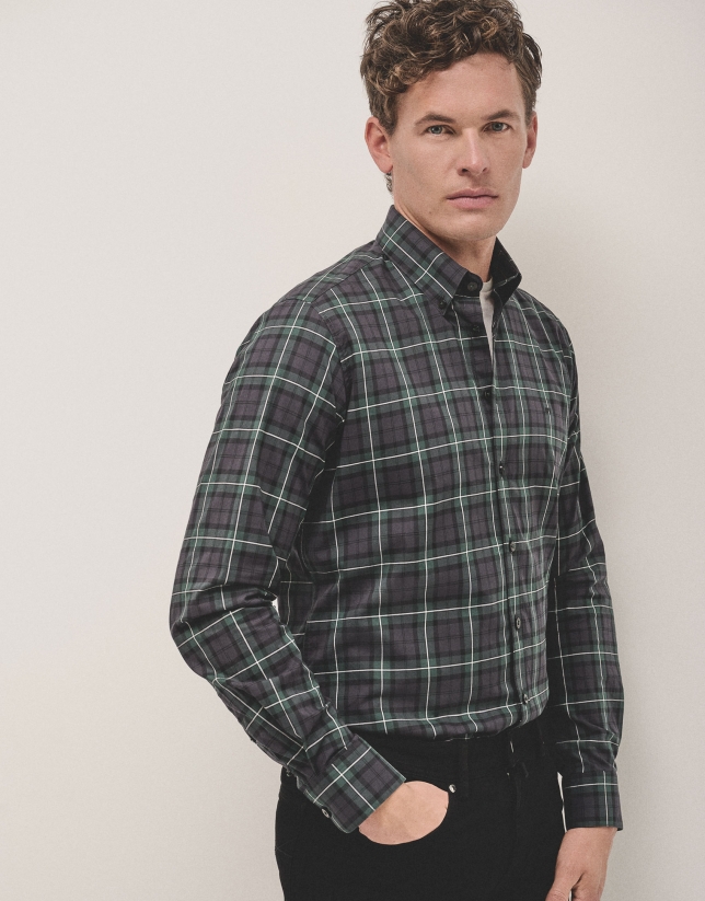 Green, white and brown checked sport shirt