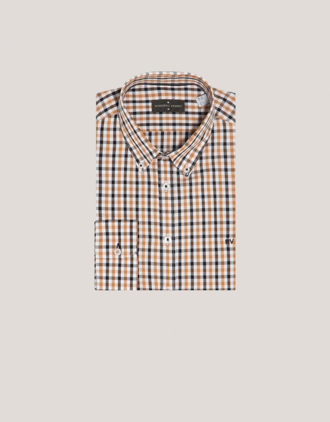 Camisa sport regular cuadros camel y negro