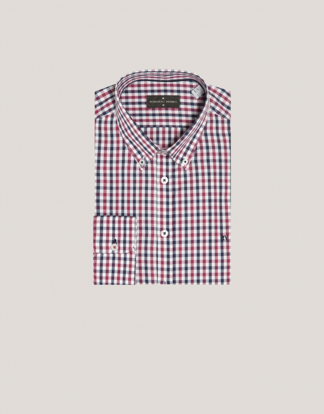 Navy blue and dark red checked sport shirt