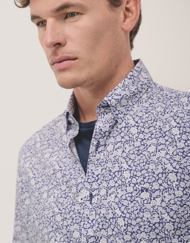 Sport slim fit shirt blue/white flower print