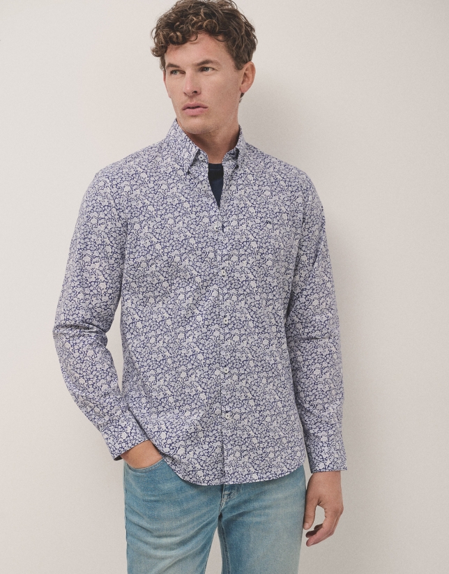 Camisa sport slim estampado flores azul/blanco