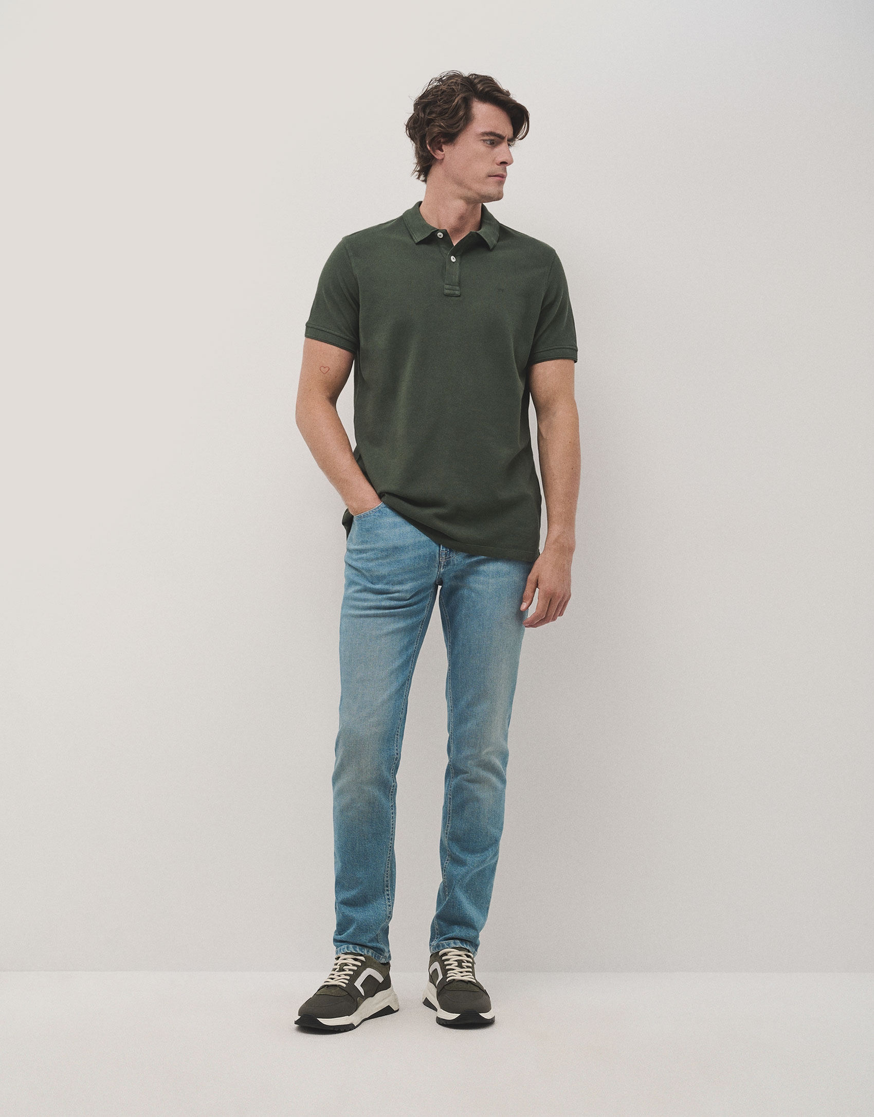 Dyed khaki green short sleeved polo shirt