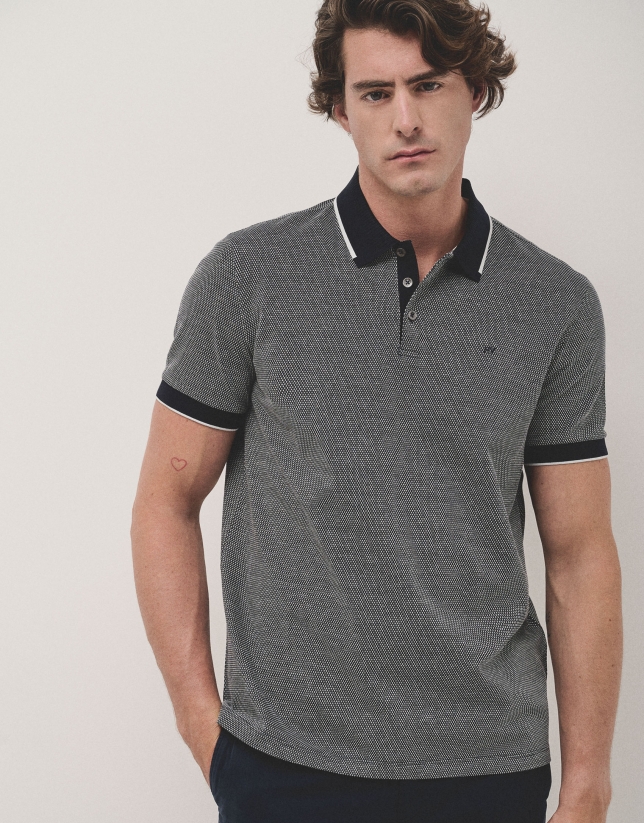 Navy and white mercerized jacquard polo shirt