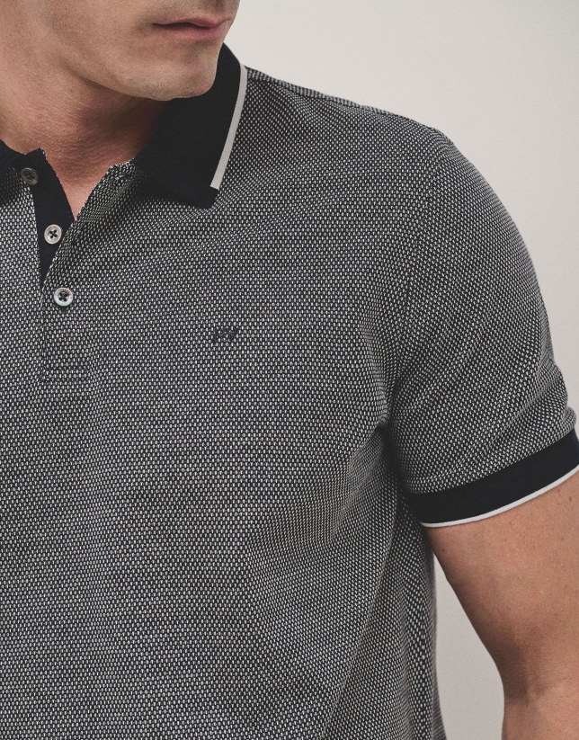 Navy and white mercerized jacquard polo shirt