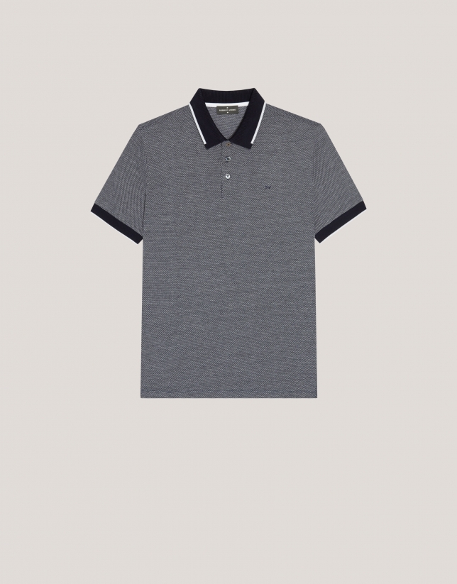 Navy and white mercerized jacquard polo shirt