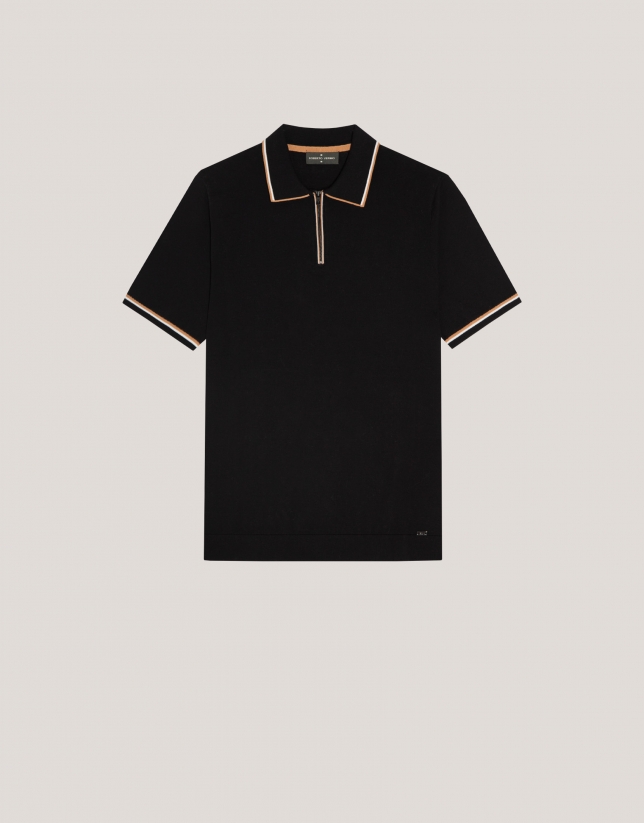 Black knitted polo shirt with white outline