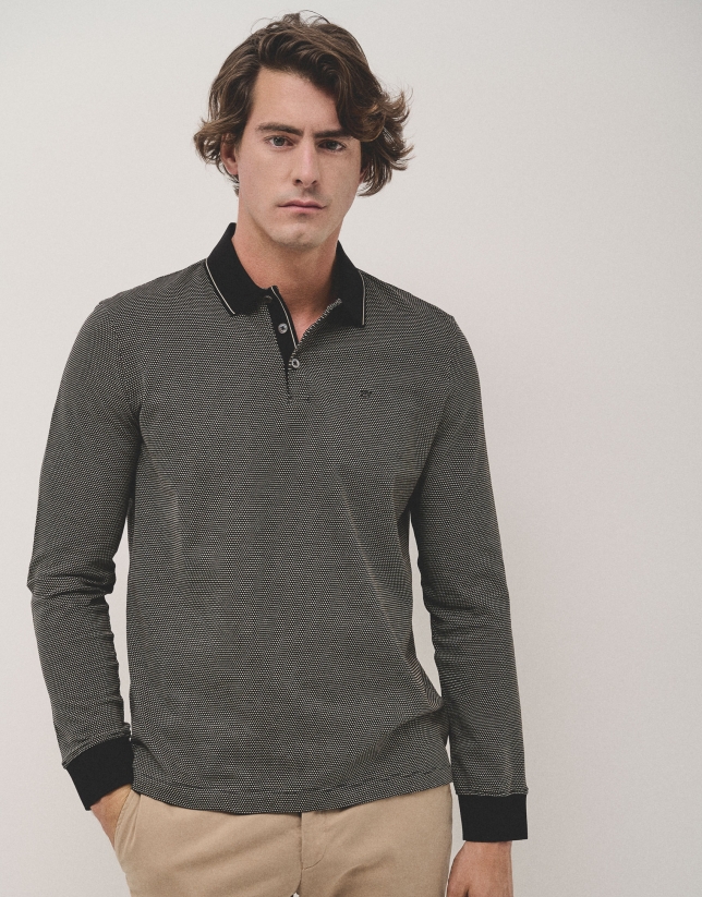 Black, camel and white mercerised jacquard polo shirt