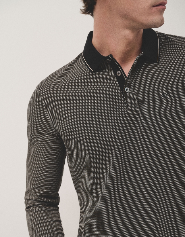 Black, camel and white mercerised jacquard polo shirt