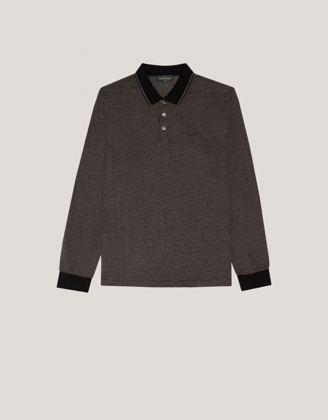 Black, camel and white mercerised jacquard polo shirt