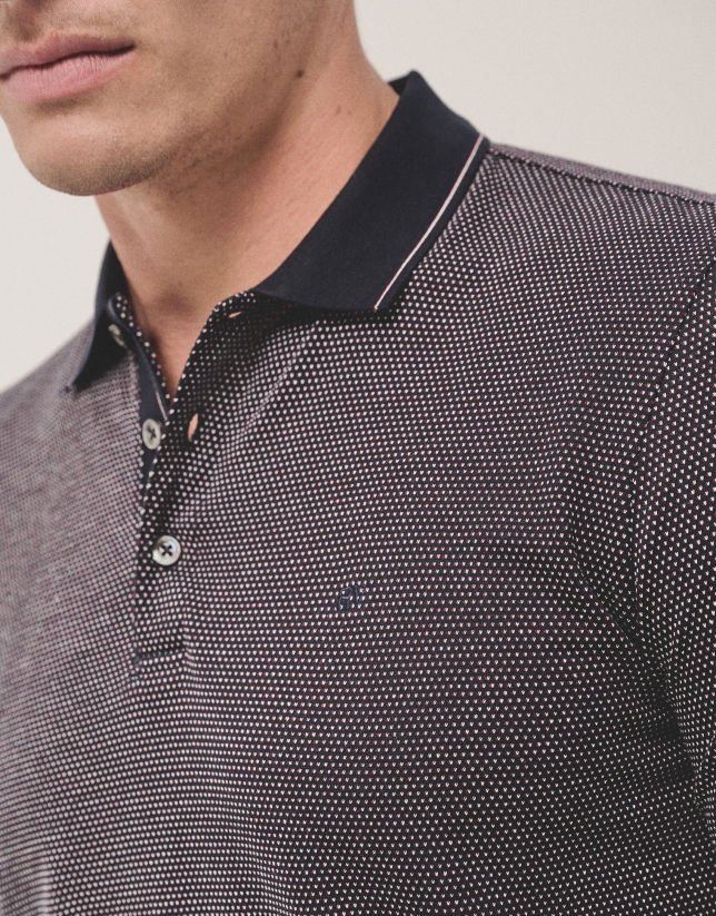 Navy, white and plum mercerised jacquard polo shirt