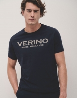 Navy T-shirt with beige logo