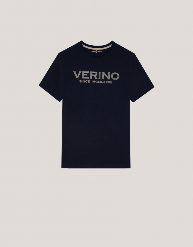 Navy T-shirt with beige logo