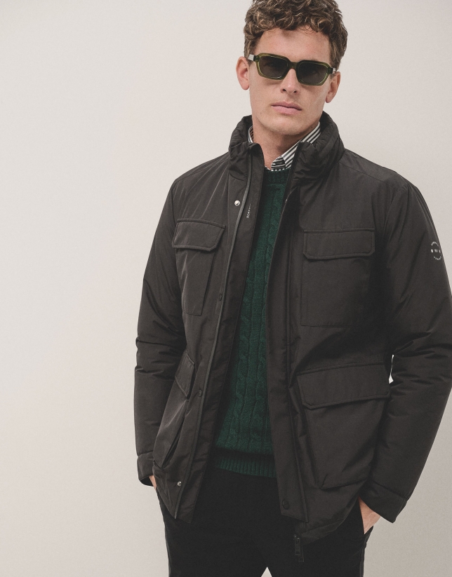 Technical black four-pocket parka