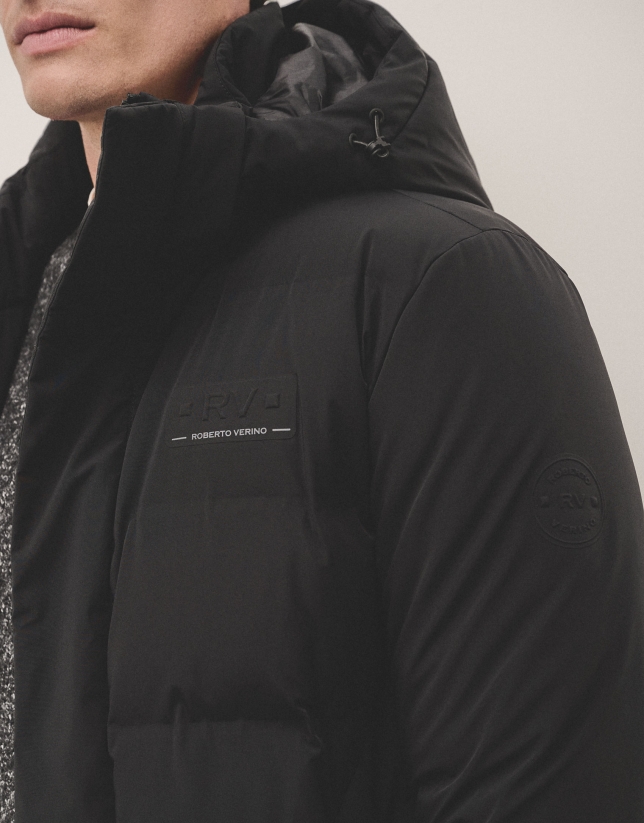 Long black quilted parka