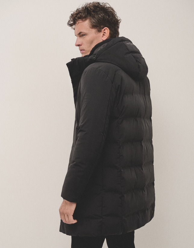 Long black quilted parka