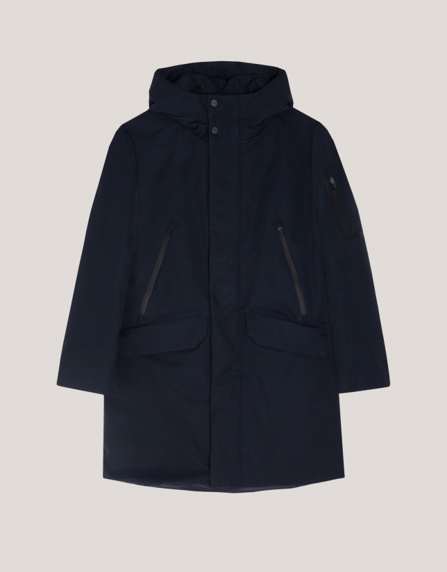 Long navy blue parka with quilted lining