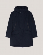 Long navy blue parka with quilted lining