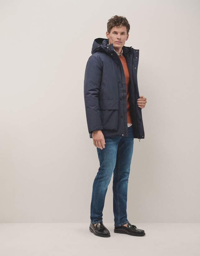 Navy blue four-pocket technical parka