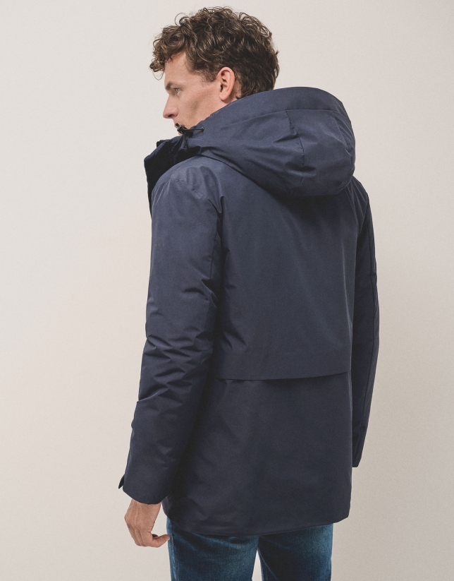 Navy blue four-pocket technical parka