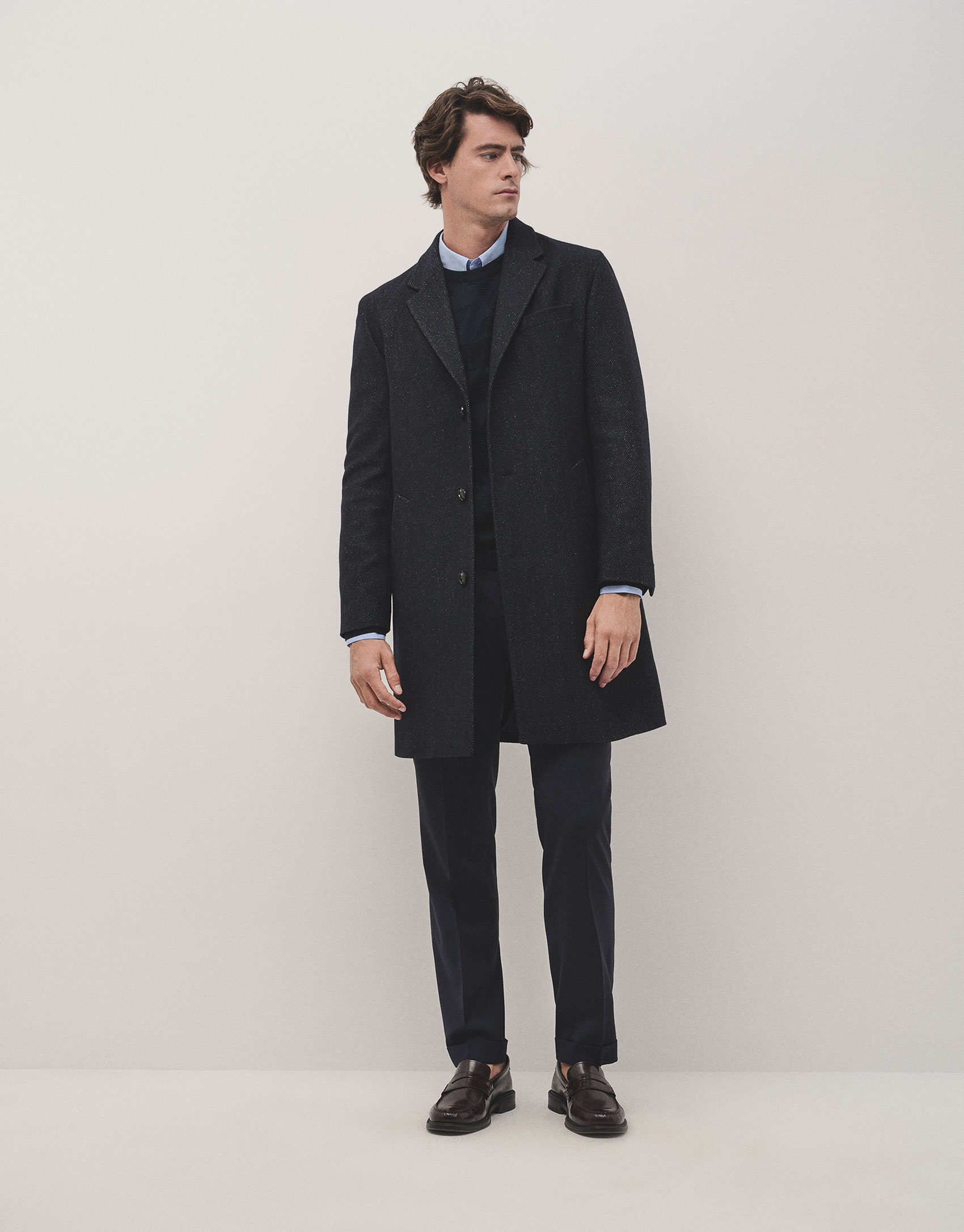 Navy herringbone wool overcoat