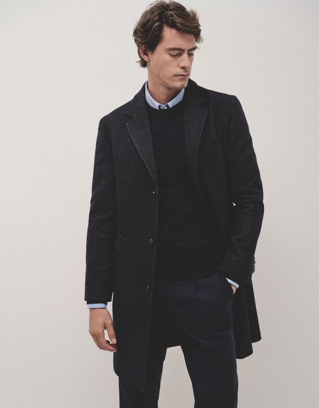 Navy herringbone wool overcoat