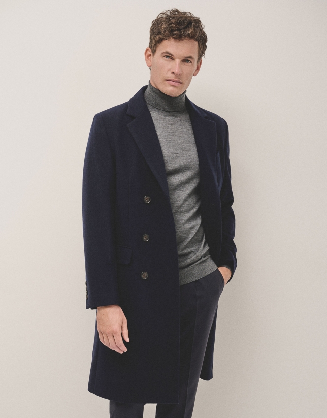 Navy woollen cloth double breasted coat