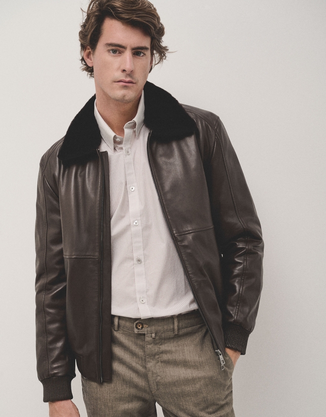 Brown nappa leather jacket with fur collar