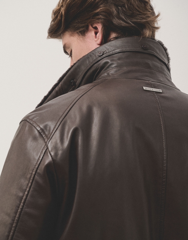 Brown nappa leather jacket with fur collar