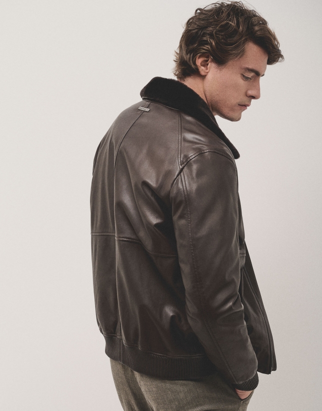 Brown nappa leather jacket with fur collar