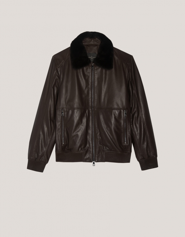 Brown nappa leather jacket with fur collar