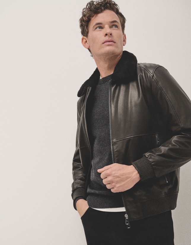 Black nappa leather jacket with fur collar