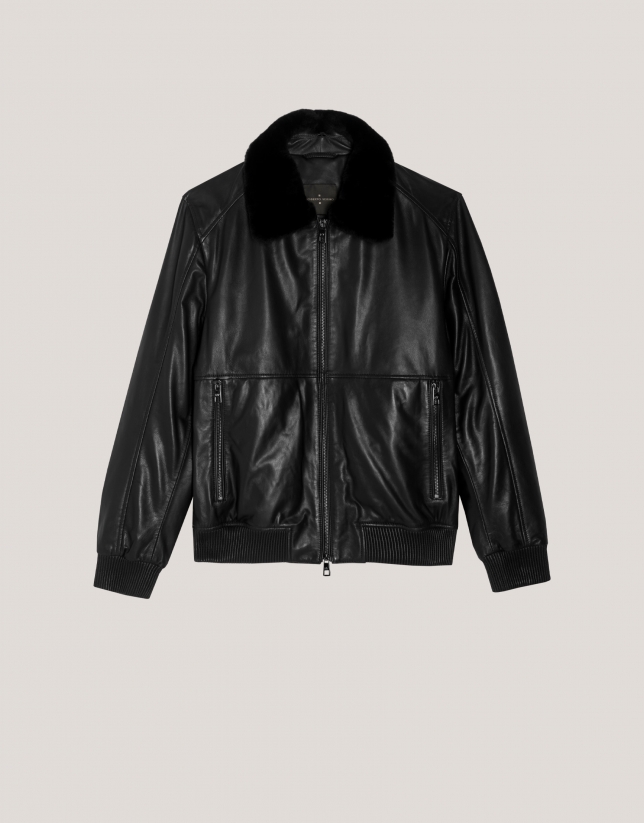 Black nappa leather jacket with fur collar